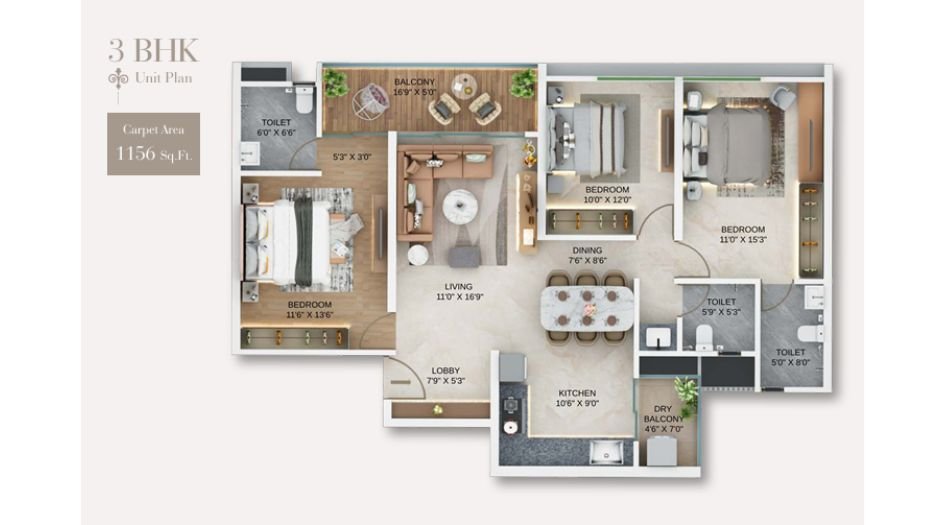 Majestique-New-Friend-Floor-Plan-3 BHK- 1156 Sqft
